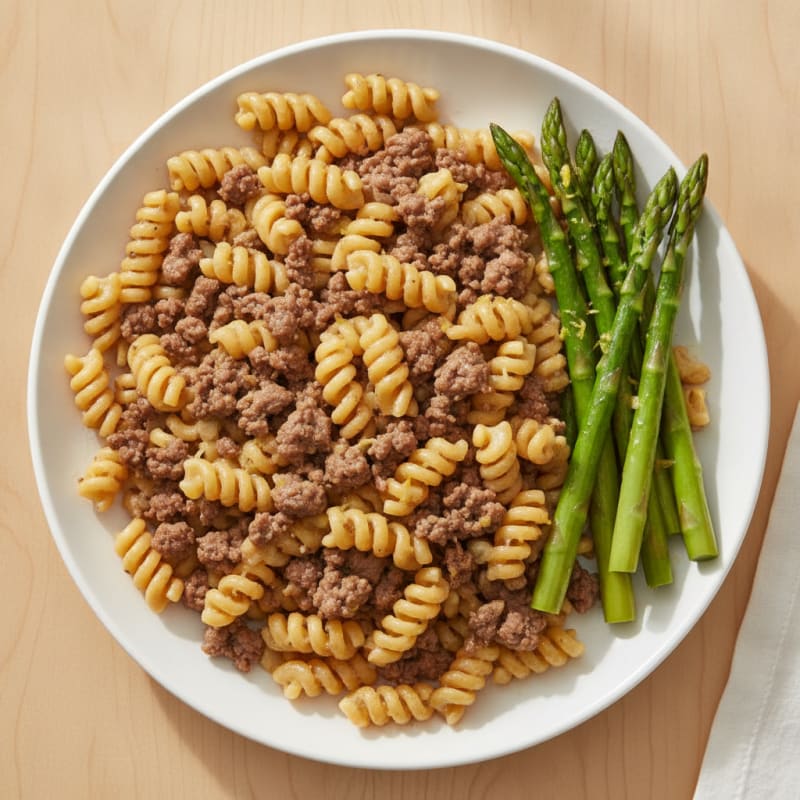 Lean Beef and Chickpea Pasta with Steamed Asparagus