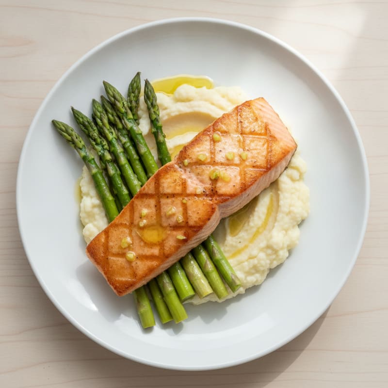Seared Salmon with Steamed Asparagus and Cauliflower Mash
