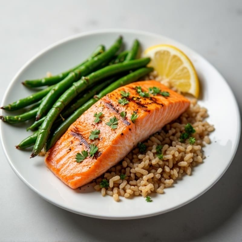 Seared Salmon with Garlic Green Beans and Brown Rice