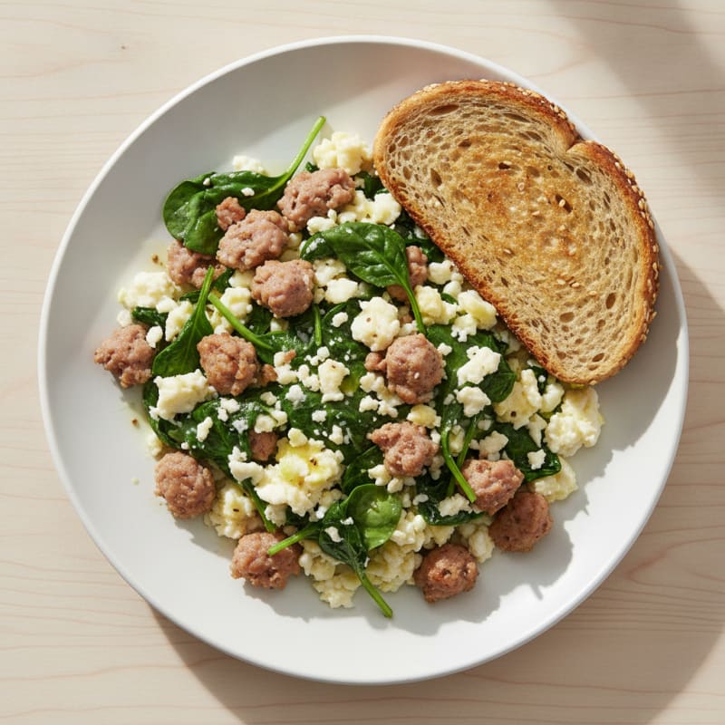 Egg White and Turkey Sausage Scramble with Sautéed Spinach