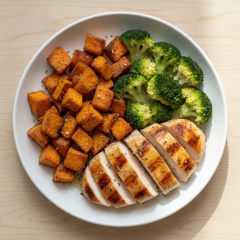 Grilled Chicken Breast with Roasted Sweet Potato and Steamed Broccoli