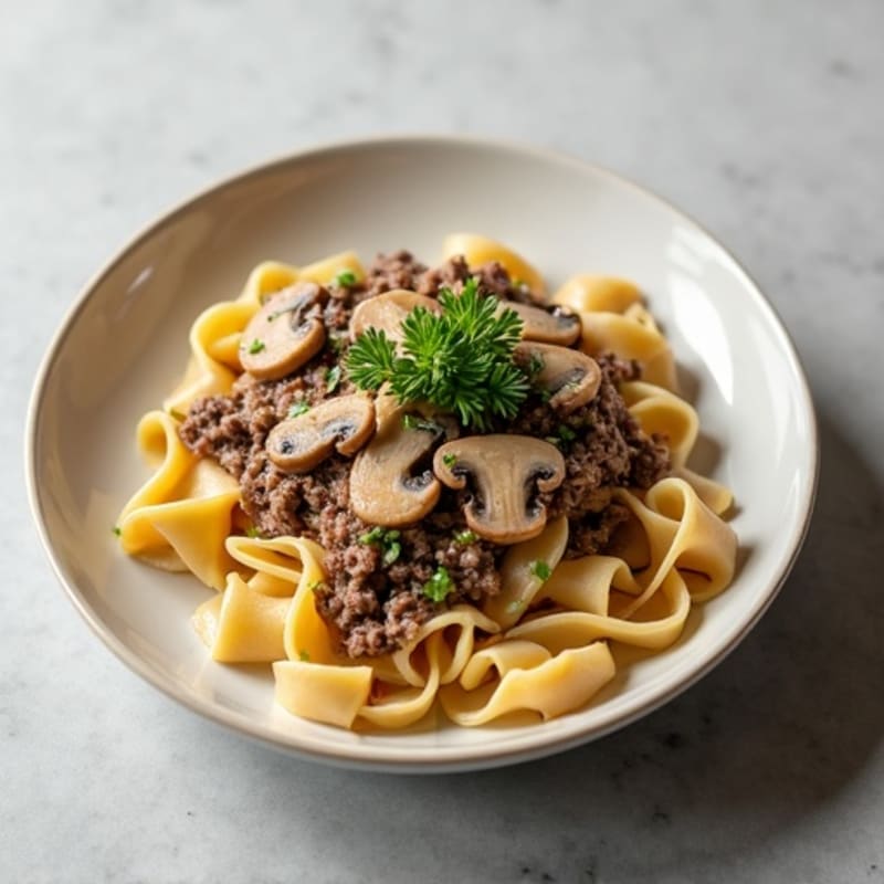 Lean Beef with Creamy Mushroom Sauce and Whole Wheat Noodles