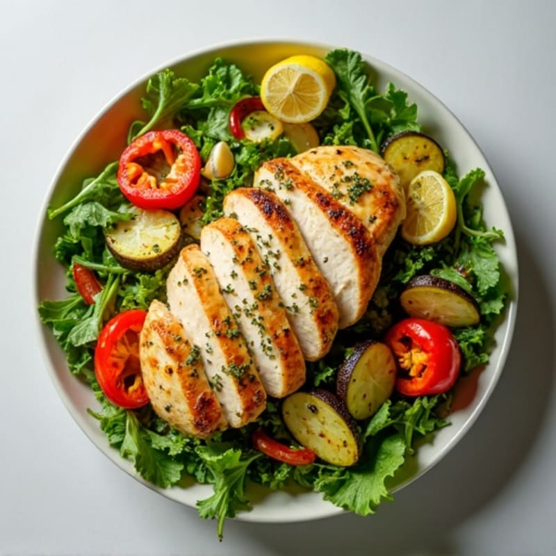 Lemon Herb Chicken with Crisp Greens, Roasted Vegetables, and Creamy Tahini Dressing