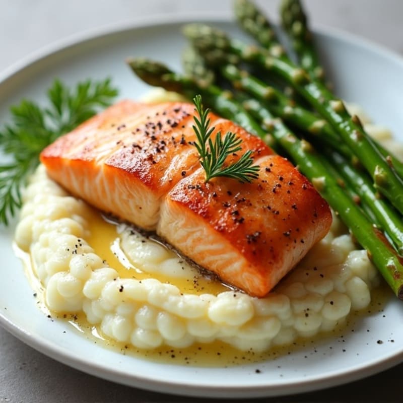 Seared Salmon Fillet with Roasted Asparagus and Cauliflower Mash