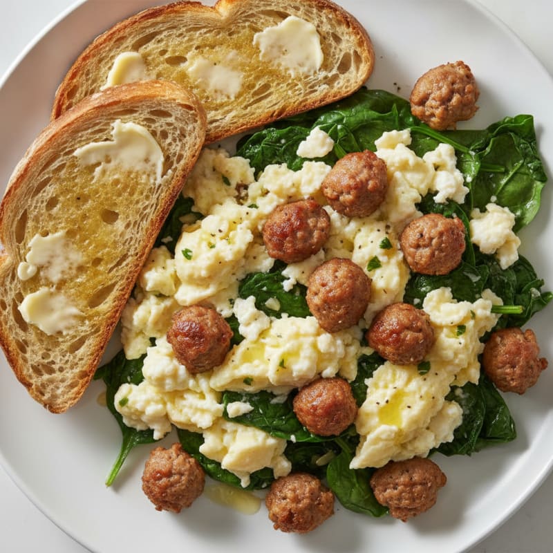 Ricotta Scramble with Chicken Sausage and Sautéed Spinach