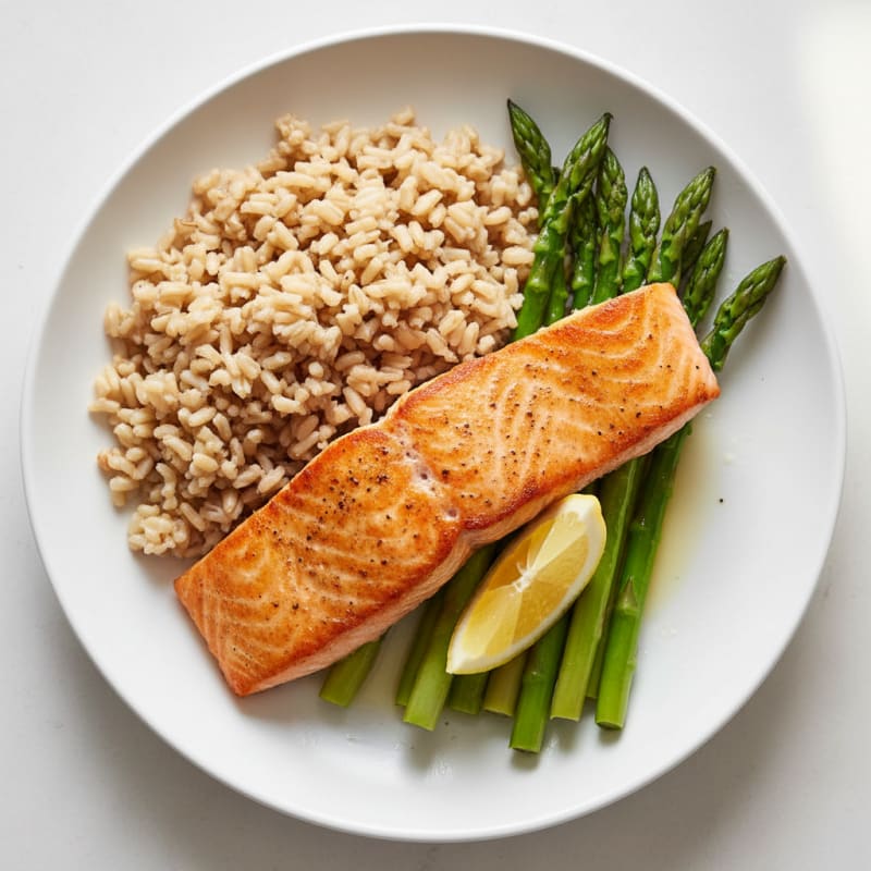 Seared Salmon with Steamed Asparagus and Brown Rice