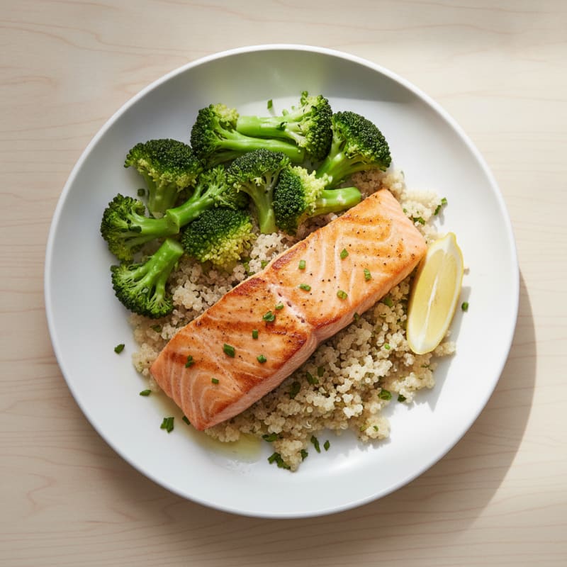 Seared Salmon Fillet with Steamed Broccoli and Quinoa