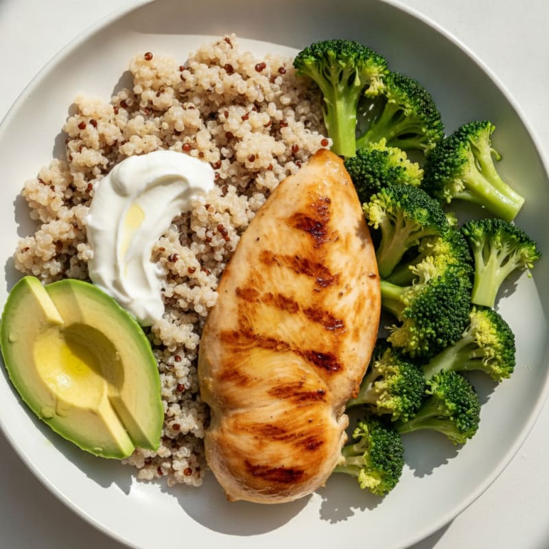Grilled Chicken Breast with Creamy Quinoa and Steamed Broccoli