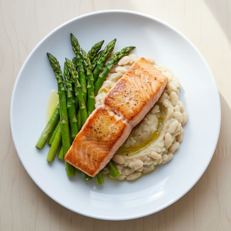 Seared Salmon Fillet with Creamy White Bean Mash and Roasted Asparagus