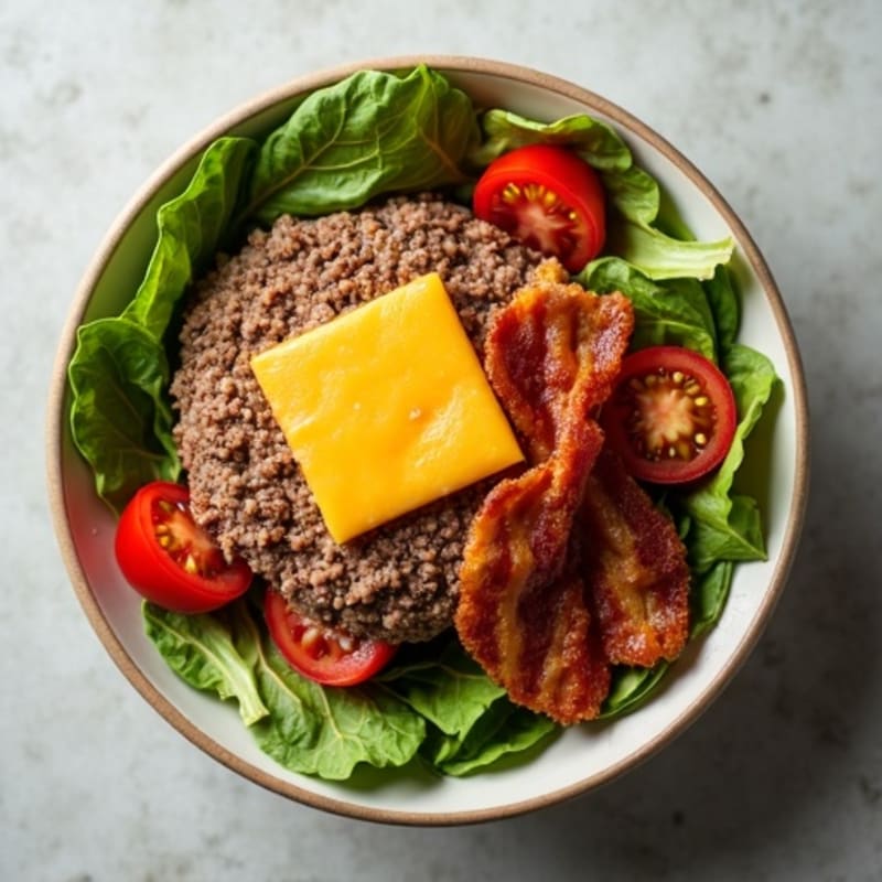 Lean Ground Beef Cheeseburger Bowl with Crispy Turkey Bacon and Fresh Greens