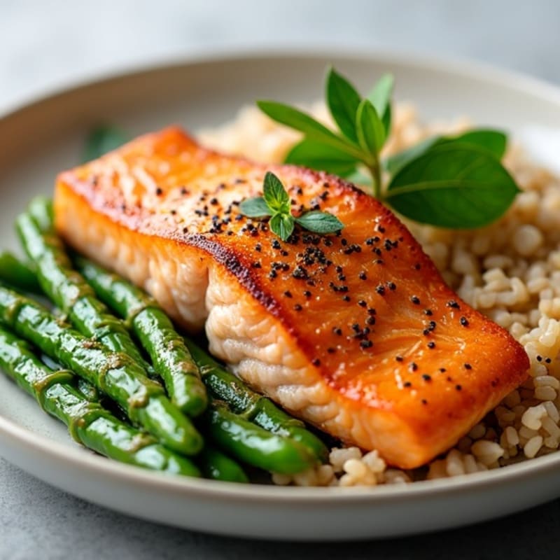 Seared Salmon with Garlic Green Beans and Brown Rice