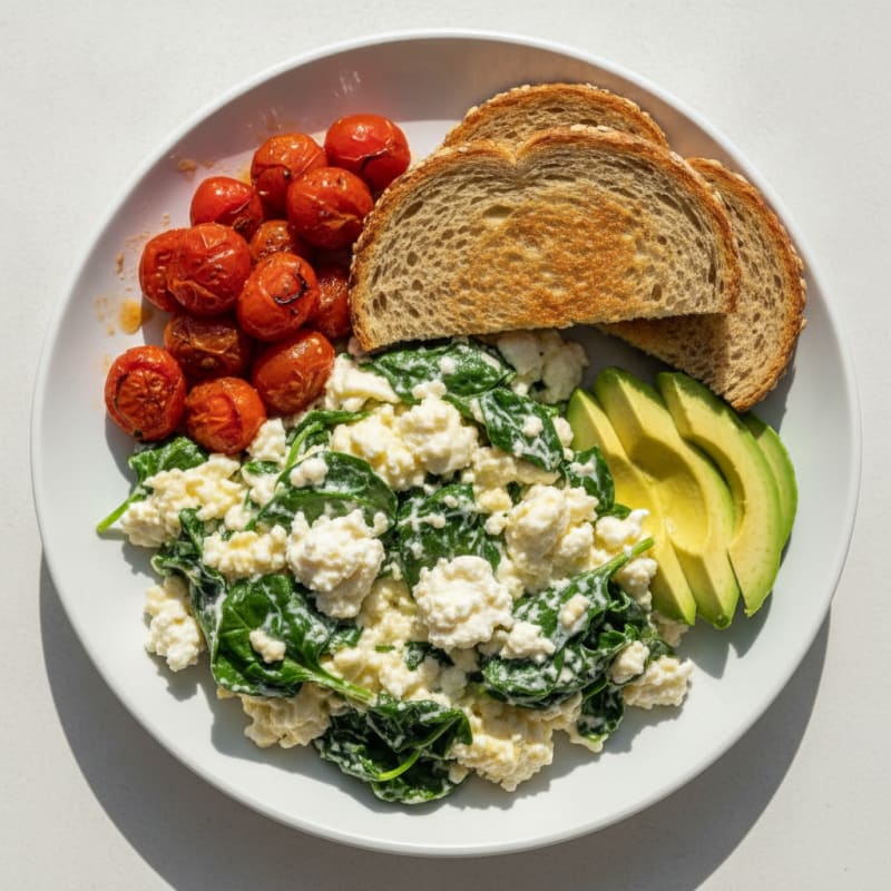 Egg White Spinach Scramble with Cottage Cheese and Cherry Tomatoes