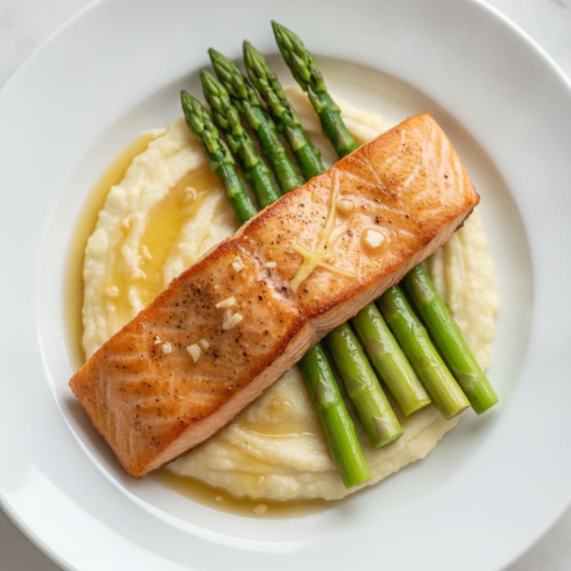 Seared Salmon Fillet with Steamed Asparagus and Cauliflower Mash