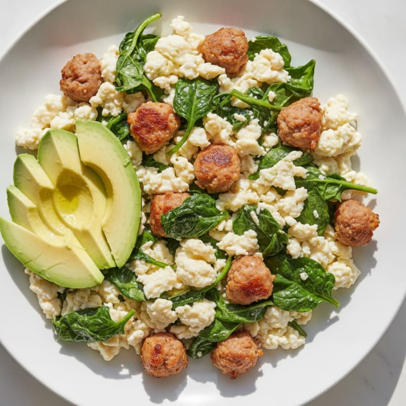 Egg White Spinach Scramble with Turkey Sausage