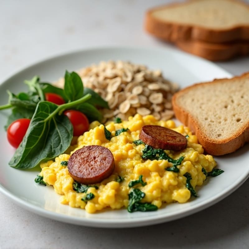 Egg White and Spinach Scramble with Turkey Sausage, Oatmeal, and Toast