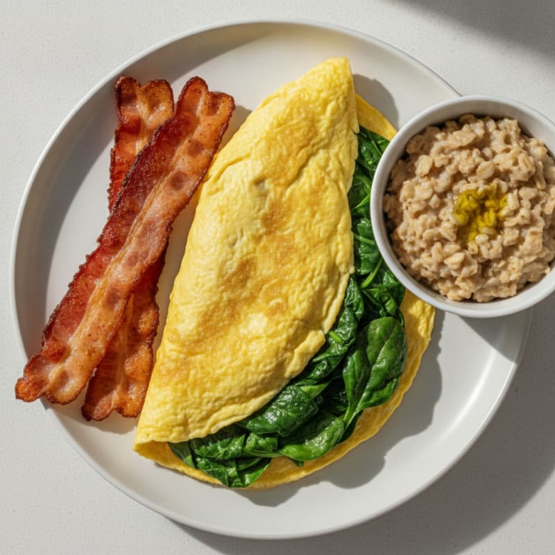 Egg and Spinach Omelette with Crispy Bacon and Oats
