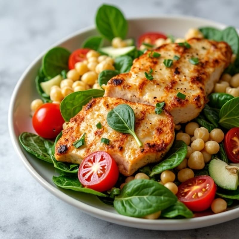 Grilled Chicken and Chickpea Pasta Salad with Spinach