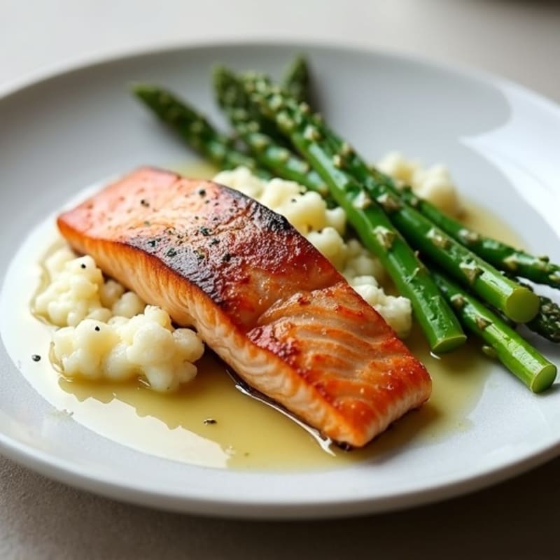 Seared Salmon with Steamed Asparagus and Cauliflower Mash