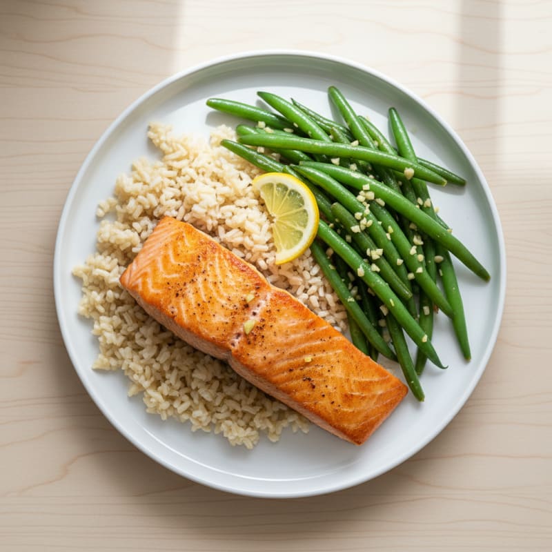Seared Salmon with Garlic Green Beans and Brown Rice