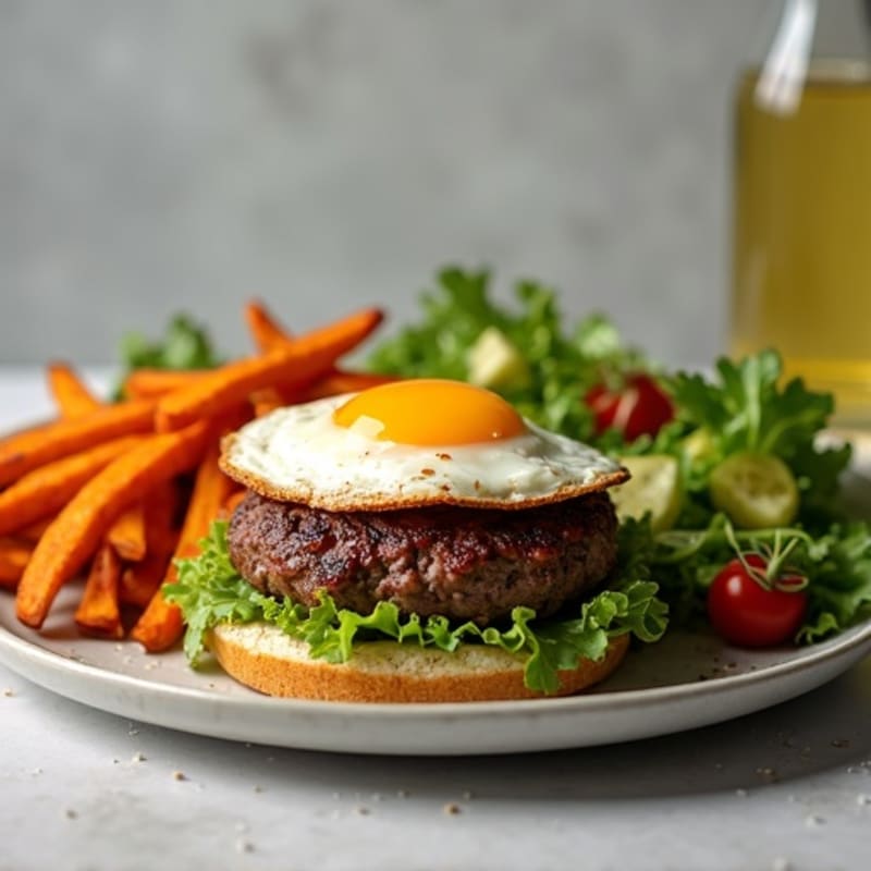 Lean Beef Burger with Crispy Sweet Potato Fries and Fresh Green Salad