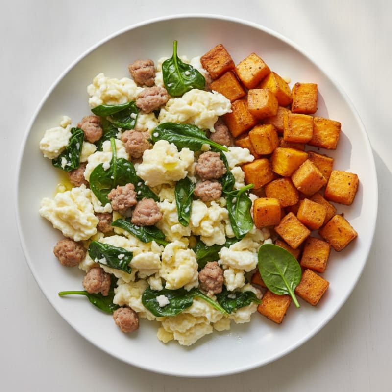 Egg White and Turkey Sausage Scramble with Spinach and Roasted Sweet Potato