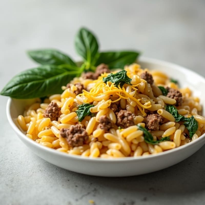 Creamy Beef and Cheddar Orzo Skillet