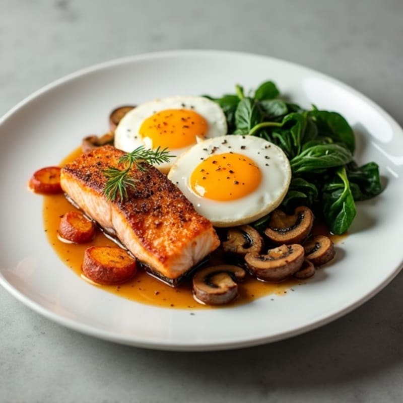 Seared Salmon with Roasted Sweet Potatoes and Sautéed Mushrooms
