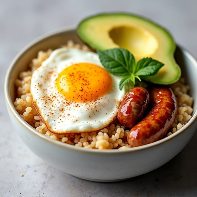 Spicy Egg White and Turkey Sausage Breakfast Bowl with Brown Rice