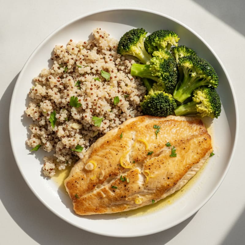 Seared Tilapia with Steamed Broccoli and Quinoa