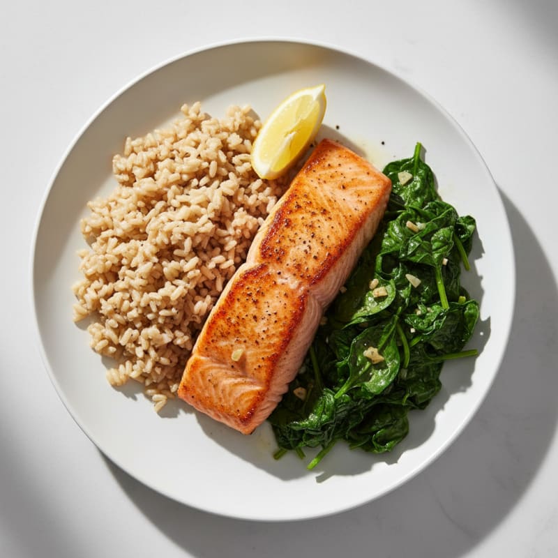 Seared Salmon with Garlic Spinach and Brown Rice