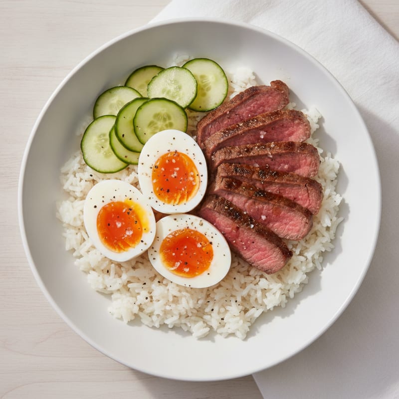 Steak and Egg Rice Bowl with Cucumber