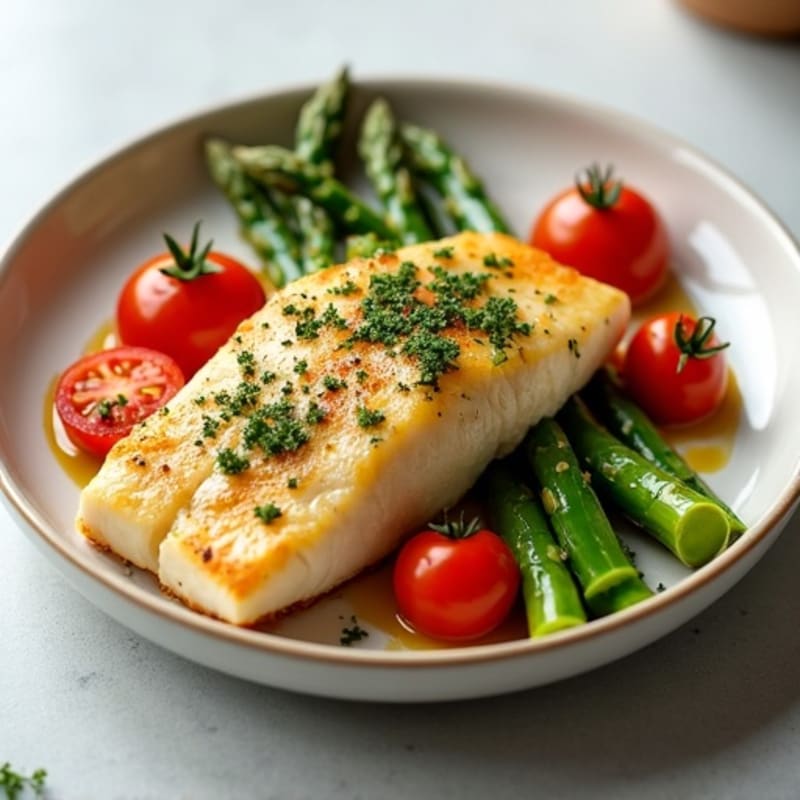 Baked Cod with Roasted Asparagus and Cherry Tomatoes