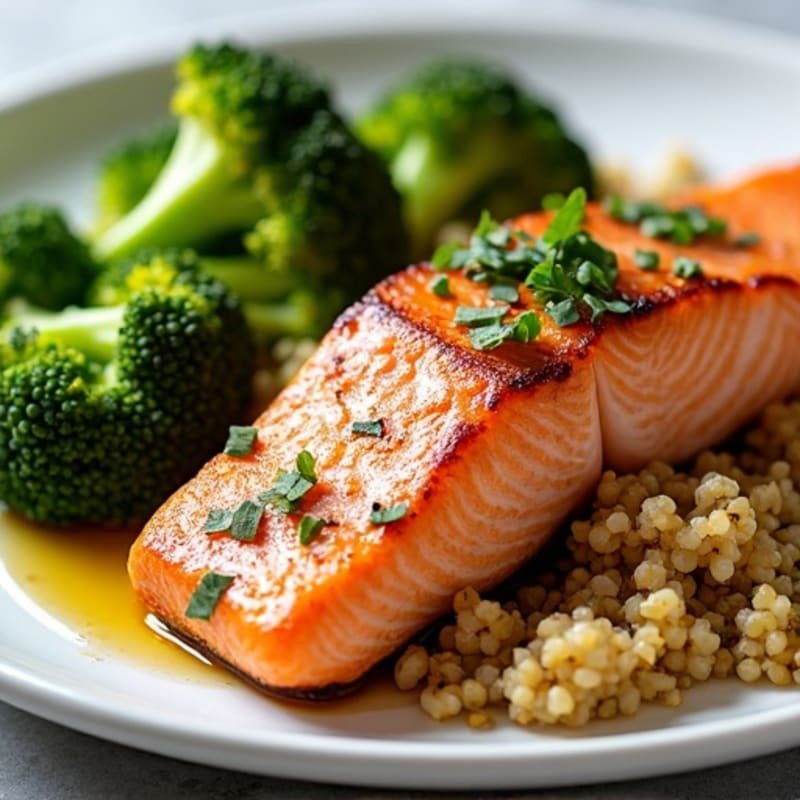 Seared Salmon Filet with Roasted Broccoli and Quinoa