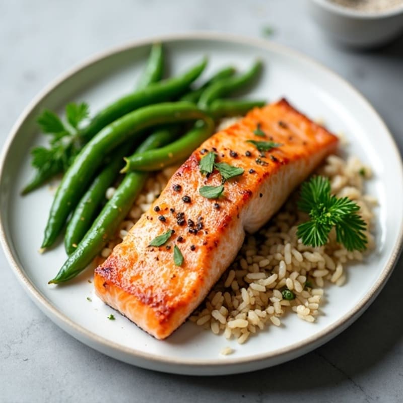 Seared Salmon with Garlic Green Beans and Herb Brown Rice