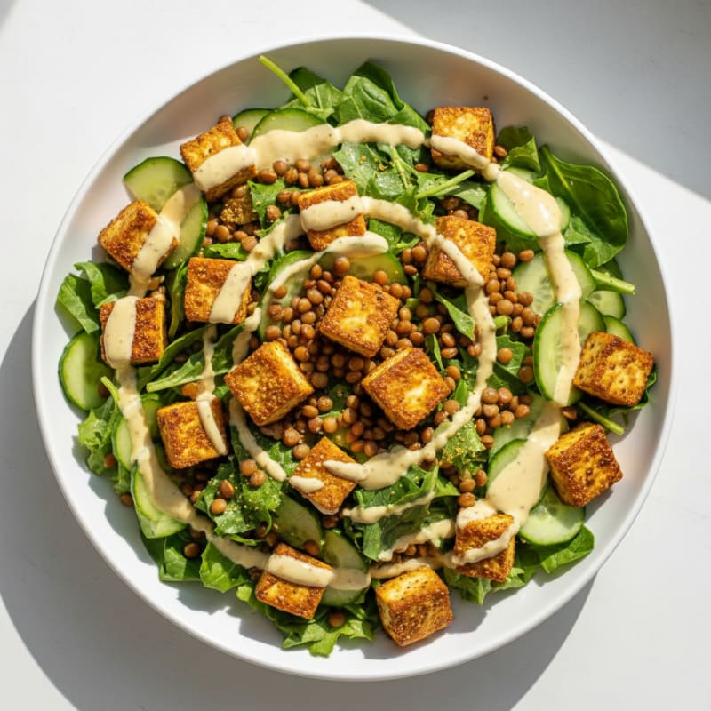Crispy Tofu and Lentil Power Salad with Lemon Tahini Dressing
