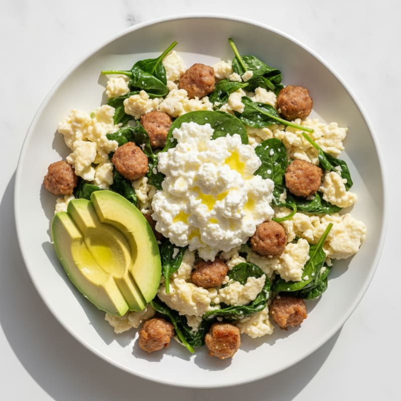 Egg White and Turkey Sausage Scramble with Cottage Cheese and Sautéed Spinach