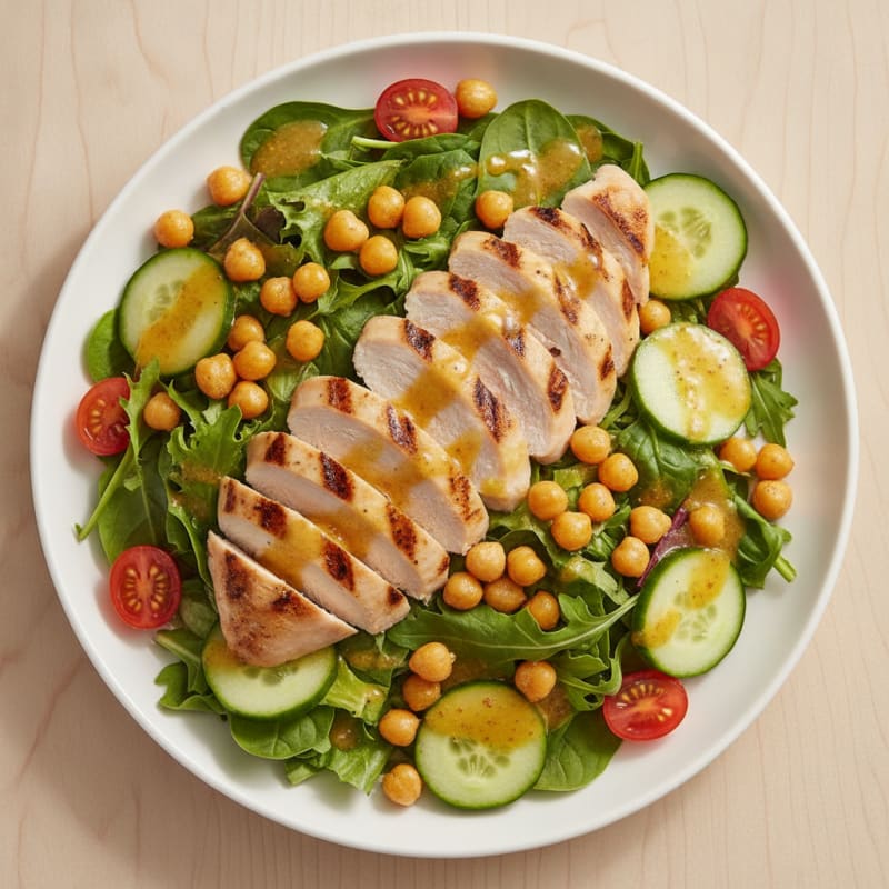 Grilled Chicken Breast Salad with Mixed Greens and Roasted Chickpeas