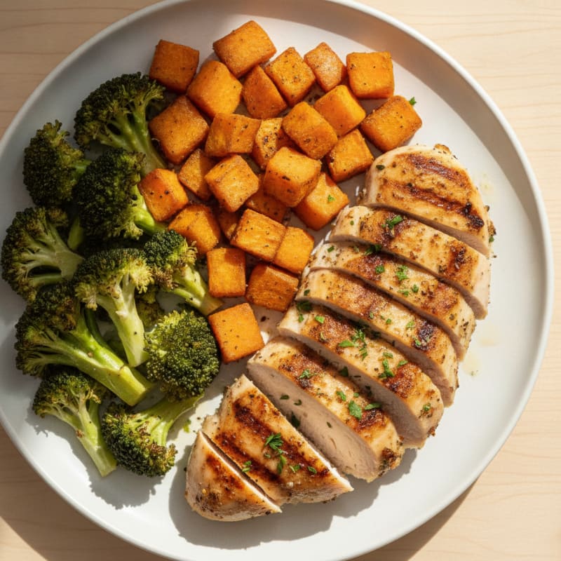 Grilled Chicken Breast with Roasted Sweet Potato and Broccoli