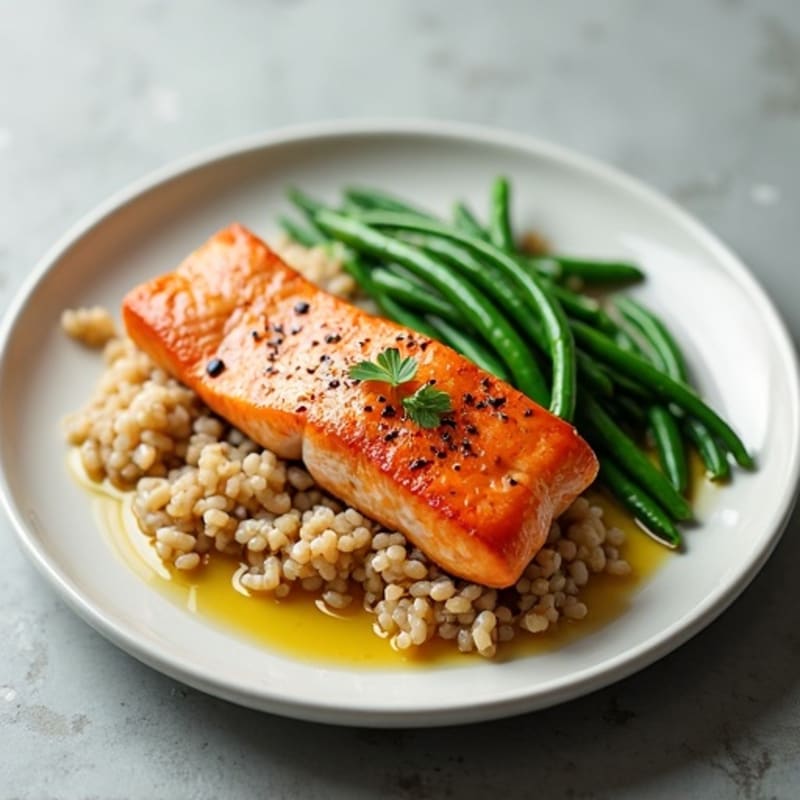Seared Salmon with Steamed Green Beans and Brown Rice