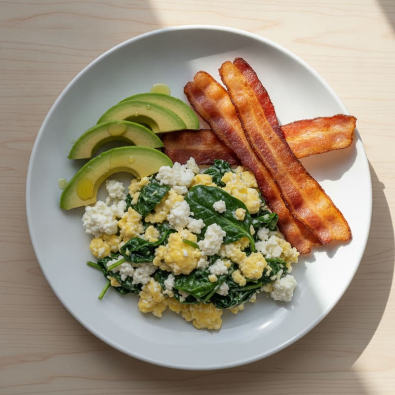 Creamy Cottage Cheese Scramble with Spinach and Turkey Bacon