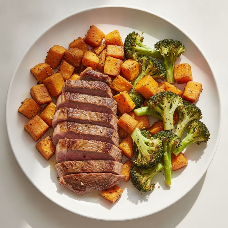 Seared Lean Beef with Roasted Broccoli and Sweet Potato