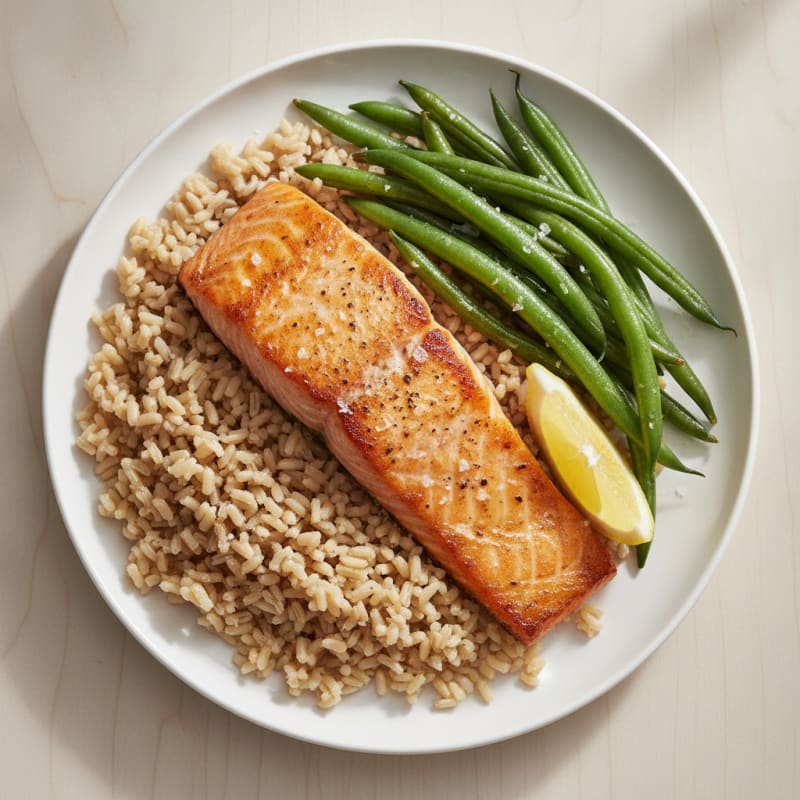 Seared Salmon with Steamed Green Beans and Brown Rice