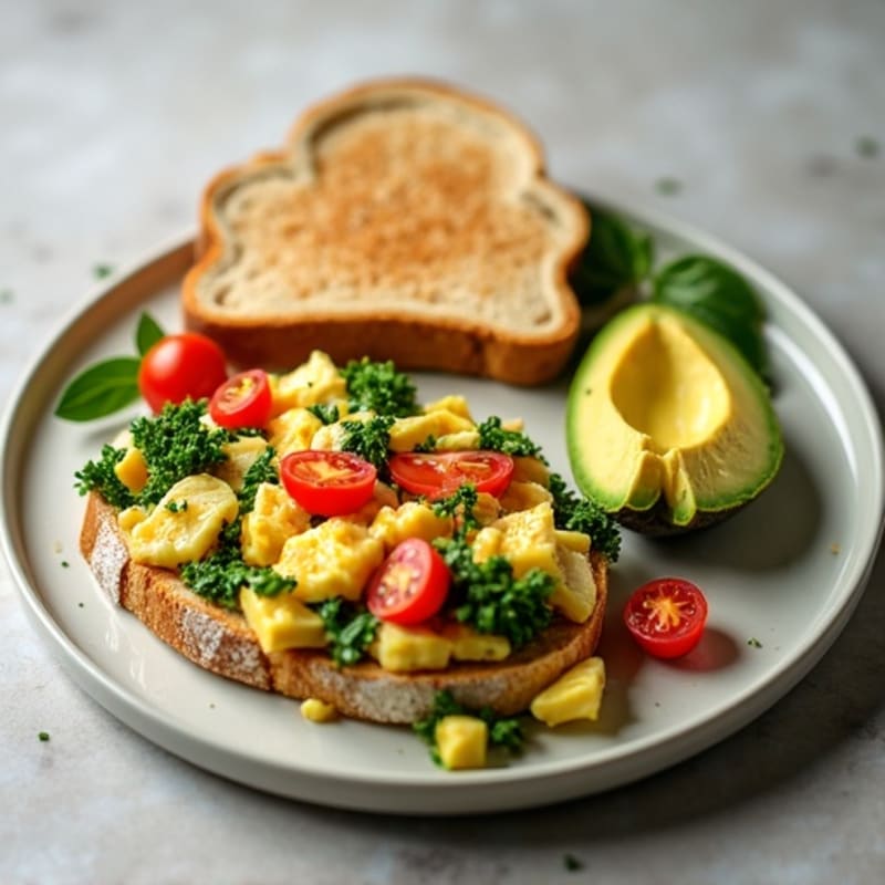 Chicken Egg White Scramble with Spinach, Tomatoes & Avocado Toast