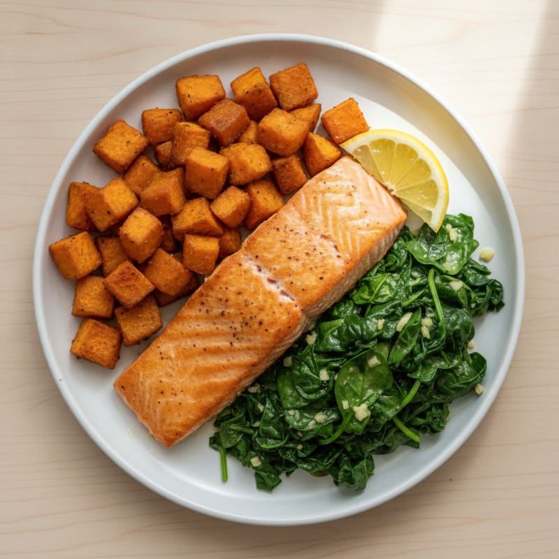 Seared Salmon with Roasted Sweet Potatoes and Sautéed Spinach