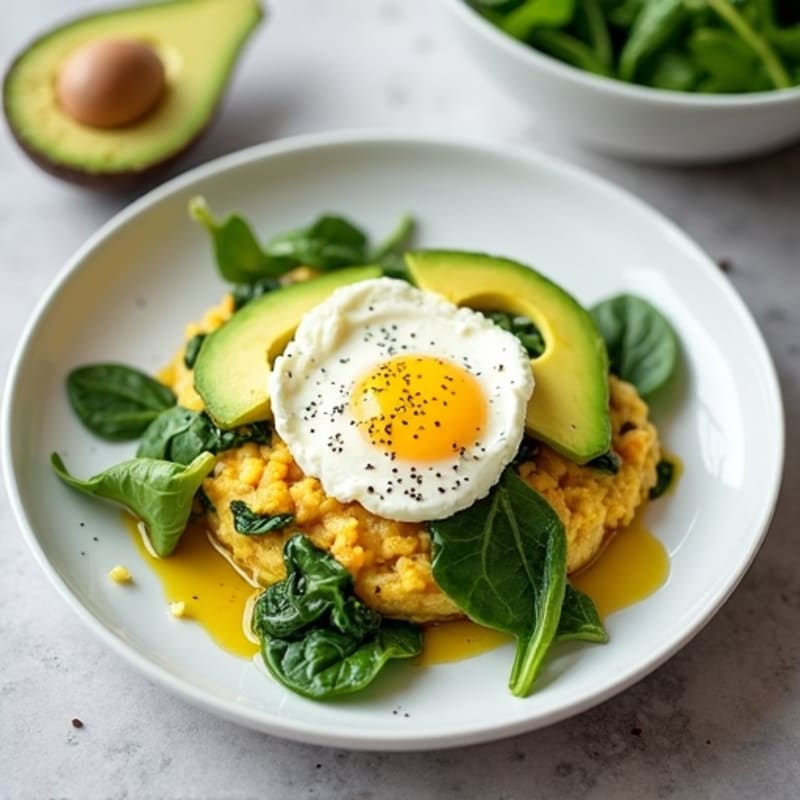 Egg White and Spinach Scramble with Cottage Cheese and Sliced Avocado