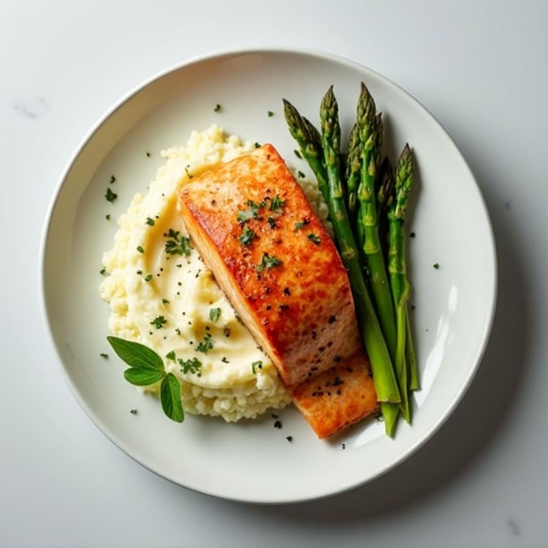Seared Salmon with Steamed Asparagus and Cauliflower Mash