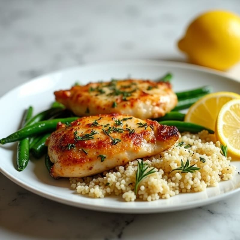 Lemon-Herb Roasted Chicken Thighs with Crispy Green Beans and Fluffy Quinoa