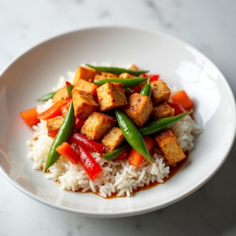 Crispy Tofu and Vegetable Stir Fry over Steamed Rice
