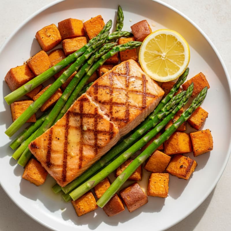 Seared Salmon with Roasted Sweet Potatoes and Asparagus