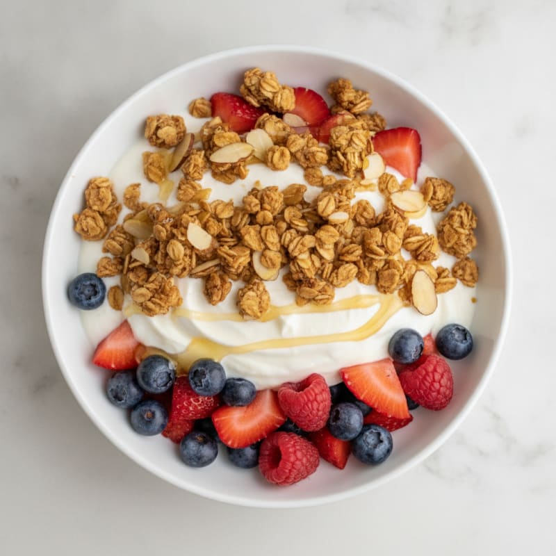 Greek Yogurt Parfait with Mixed Berries and Crunchy Almond Granola